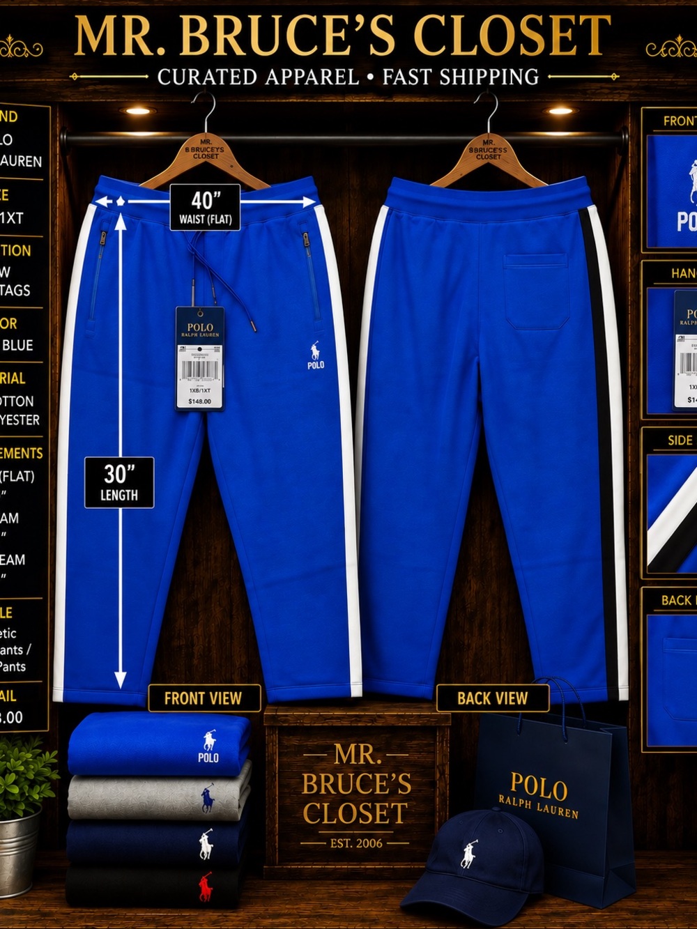 Polo by Ralph Lauren Blue Joggers with White Side Stripe